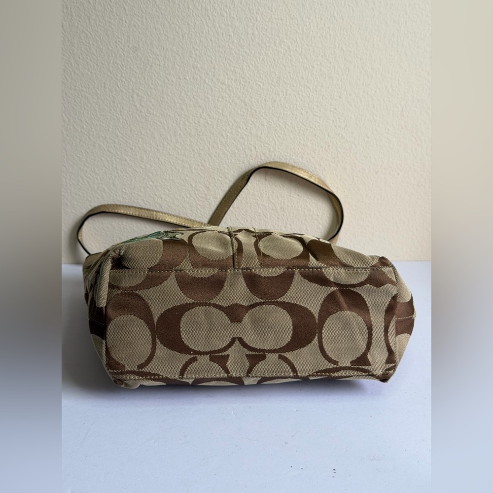Coach 12204 Signature Stripe Floral Monogram Tote Purse in Khaki-Brown Jacquard - Picture 6 of 12